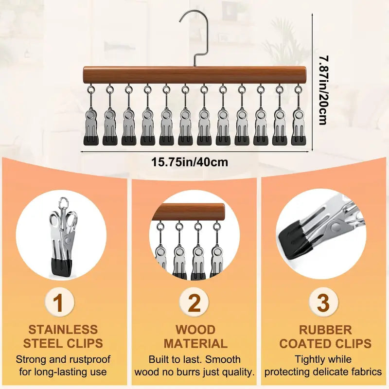 Clip Hanger with 12 Clips 15.75 Inch Wood