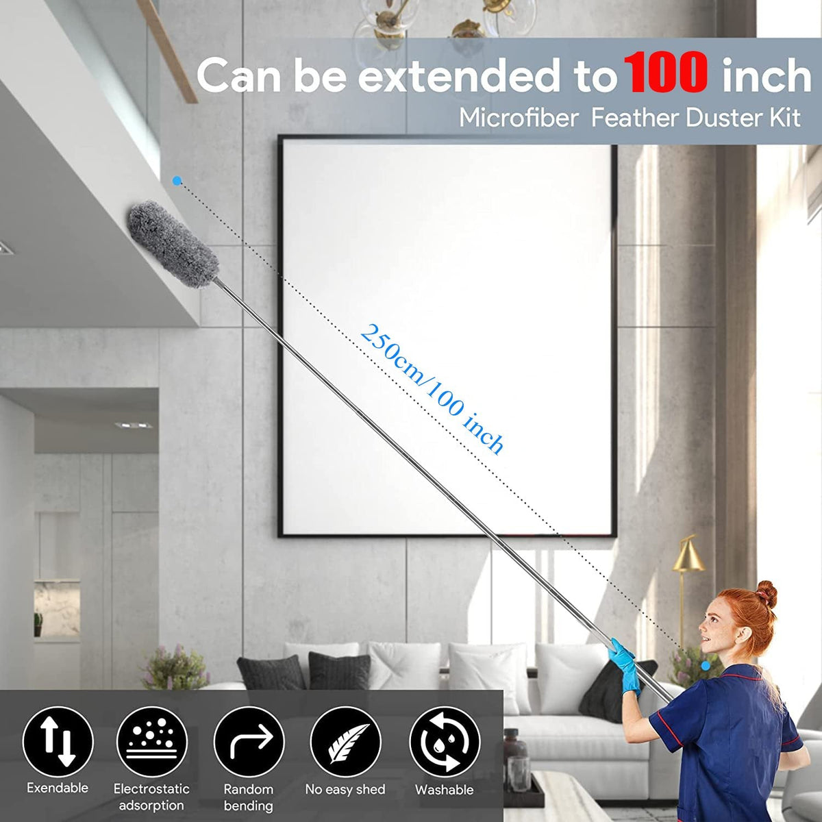 Microfiber Duster with Telescopic Pole up to 100 Inch