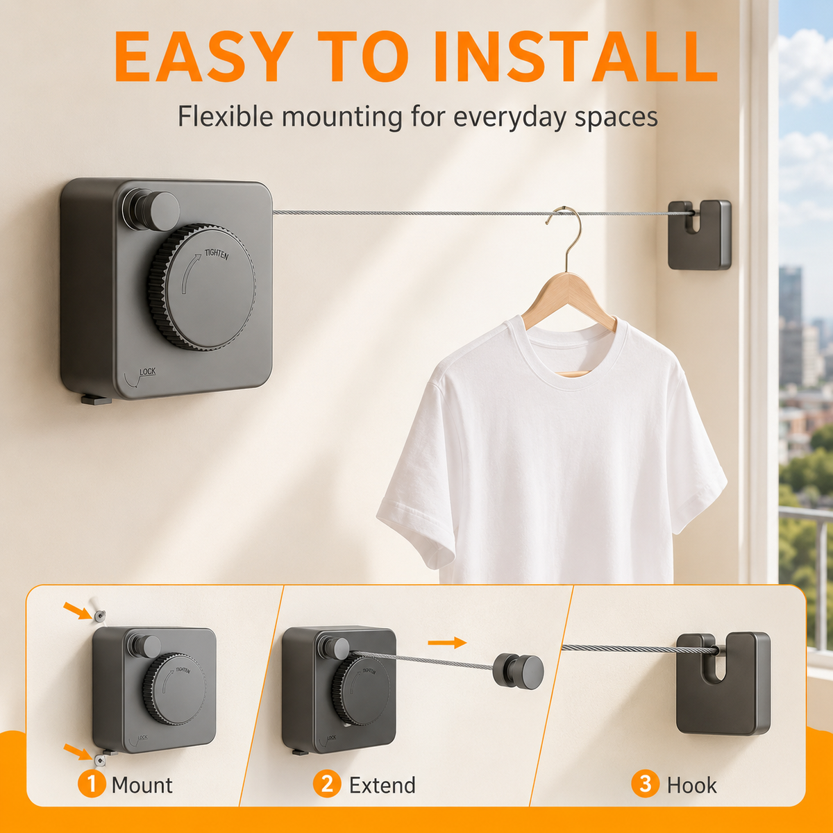 Retractable Clothesline Stainless Steel Cable Wall Mounted