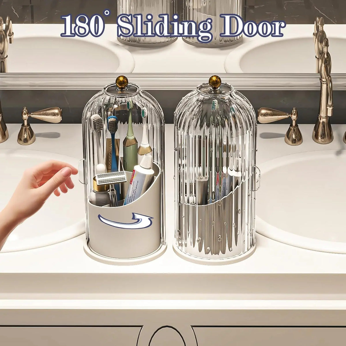 Rotating Toothbrush Holder with Lid 9.8 x 4.8 Inch Clear and White