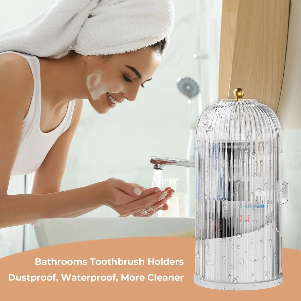 Rotating Toothbrush Holder with Lid 9.8 x 4.8 Inch Clear and White