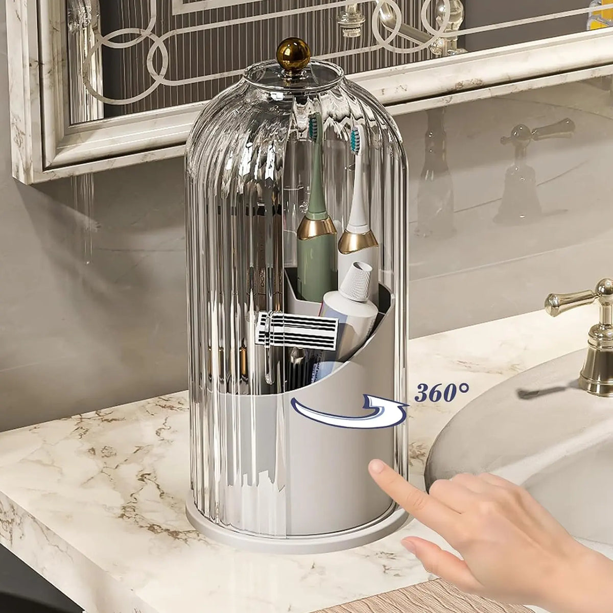 Rotating Toothbrush Holder with Lid 9.8 x 4.8 Inch Clear and White