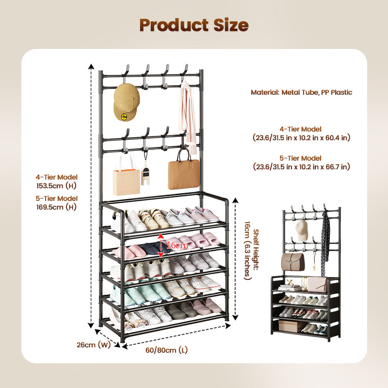 Shoe and Coat Rack with Hooks 4 or 5 Tier Black